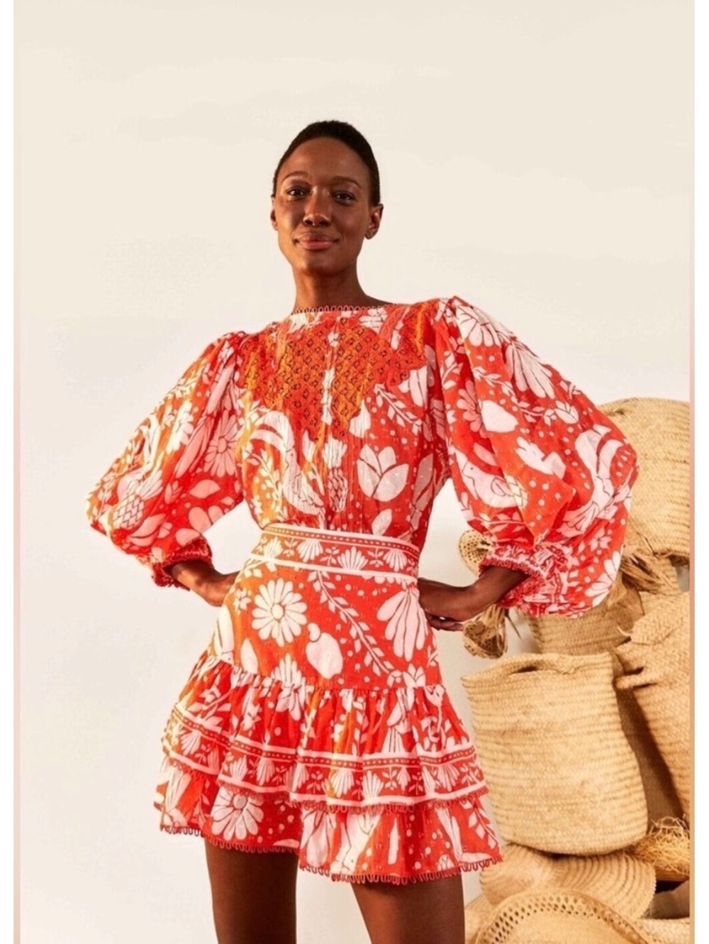 FARM RIO Orange Neon Jungle Embroidered Blouse + Tiered Mini Skirt Set